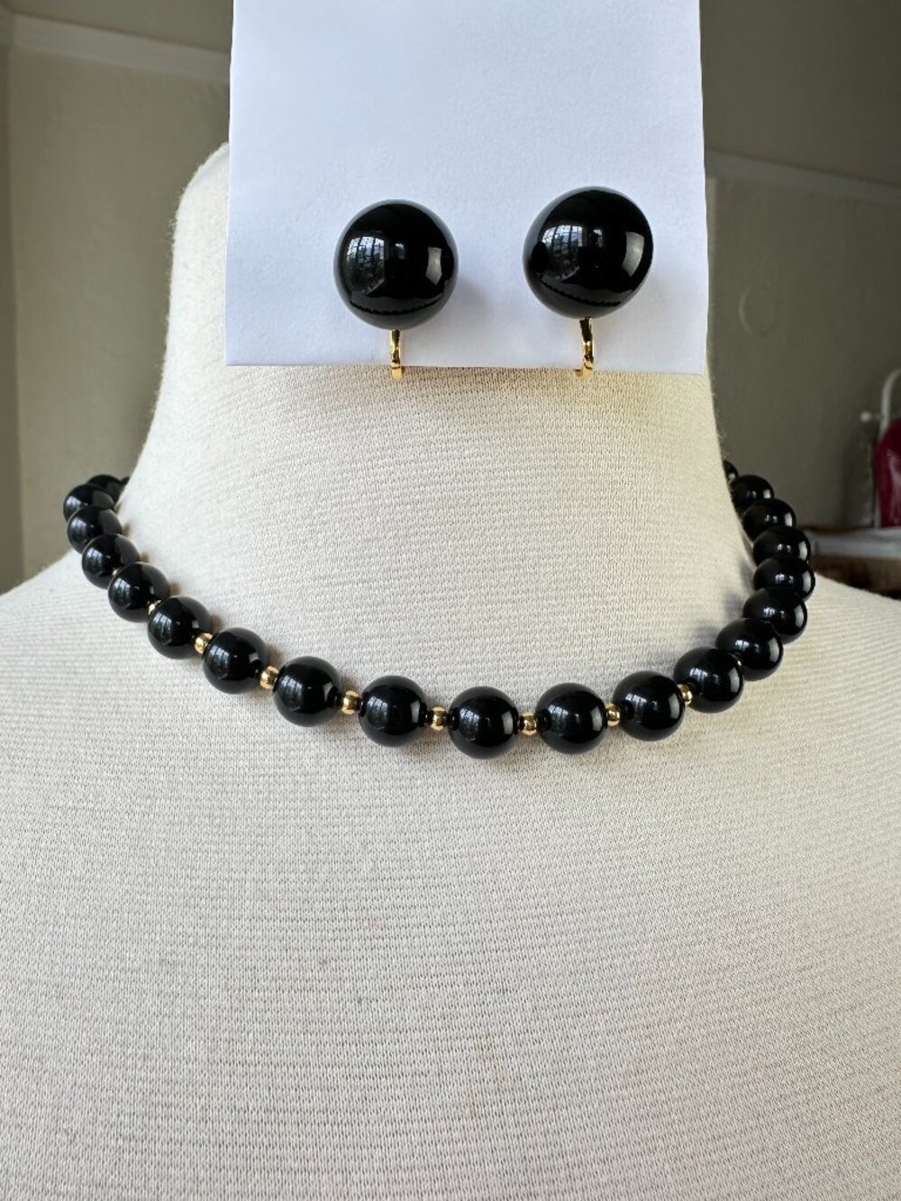 1980s Monet Black Lucite Bead Necklace & Unsigned Clip-On Earrings Set
